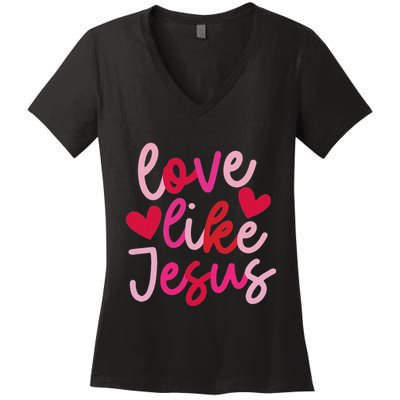 Retro Love Like Jesus Coquette Heart Bow Women's V-Neck T-Shirt