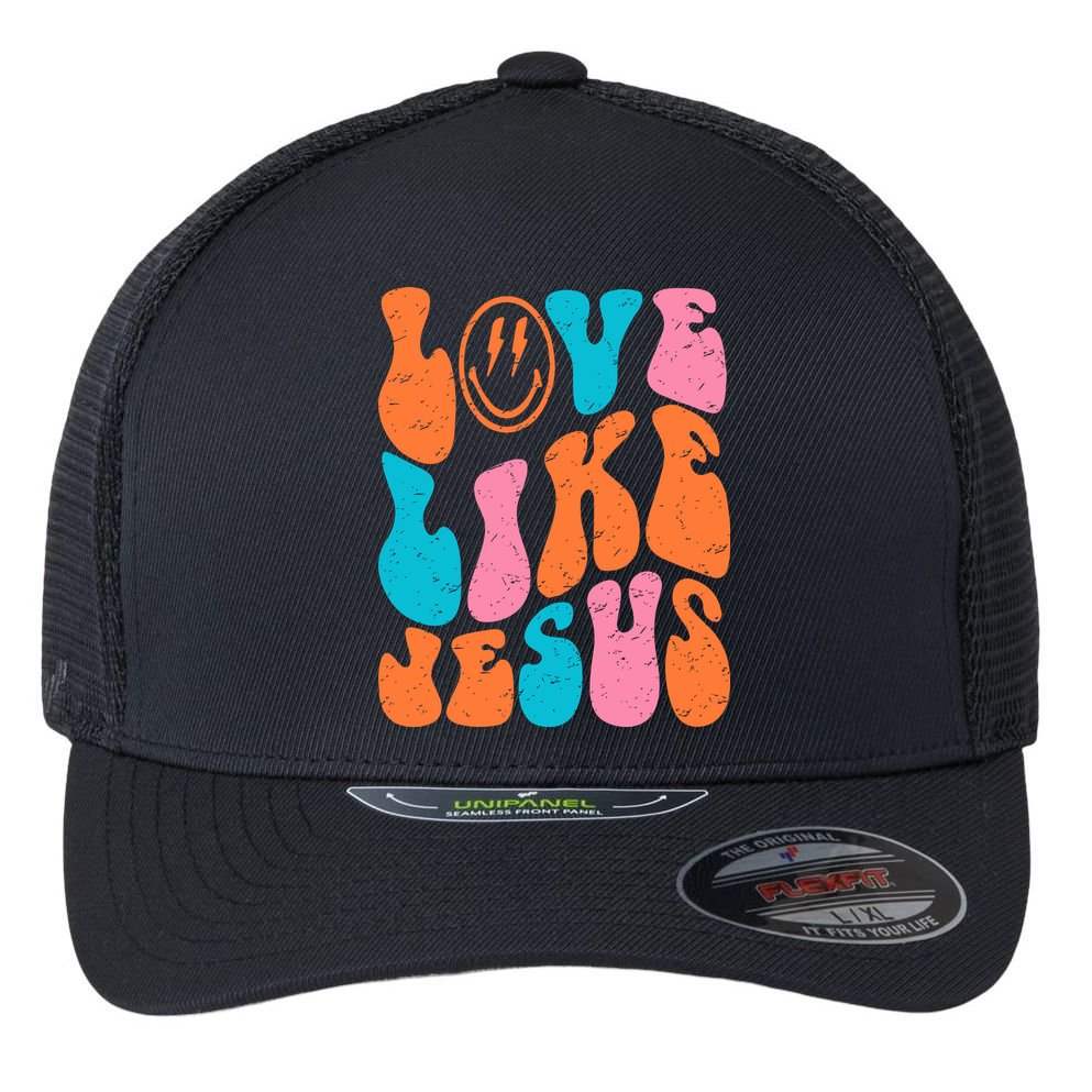 Retro Love Like Jesus Smiling Face Christian Religious Faith Flexfit Unipanel Trucker Cap