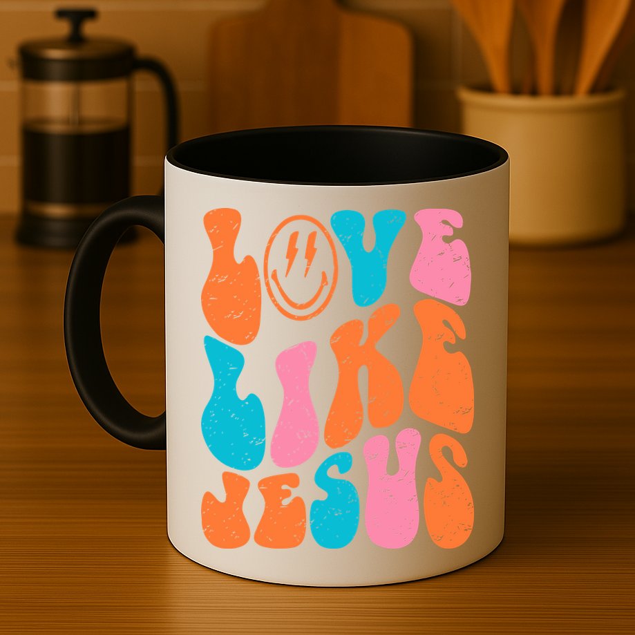 Retro Love Like Jesus Smiling Face Christian Religious Faith Mug