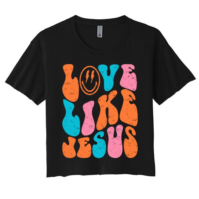 Retro Love Like Jesus Smiling Face Christian Religious Faith Women's Crop Top Tee