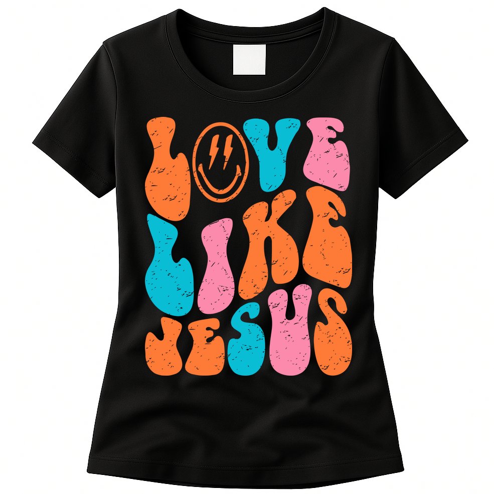 Retro Love Like Jesus Smiling Face Christian Religious Faith Womens T-Shirt