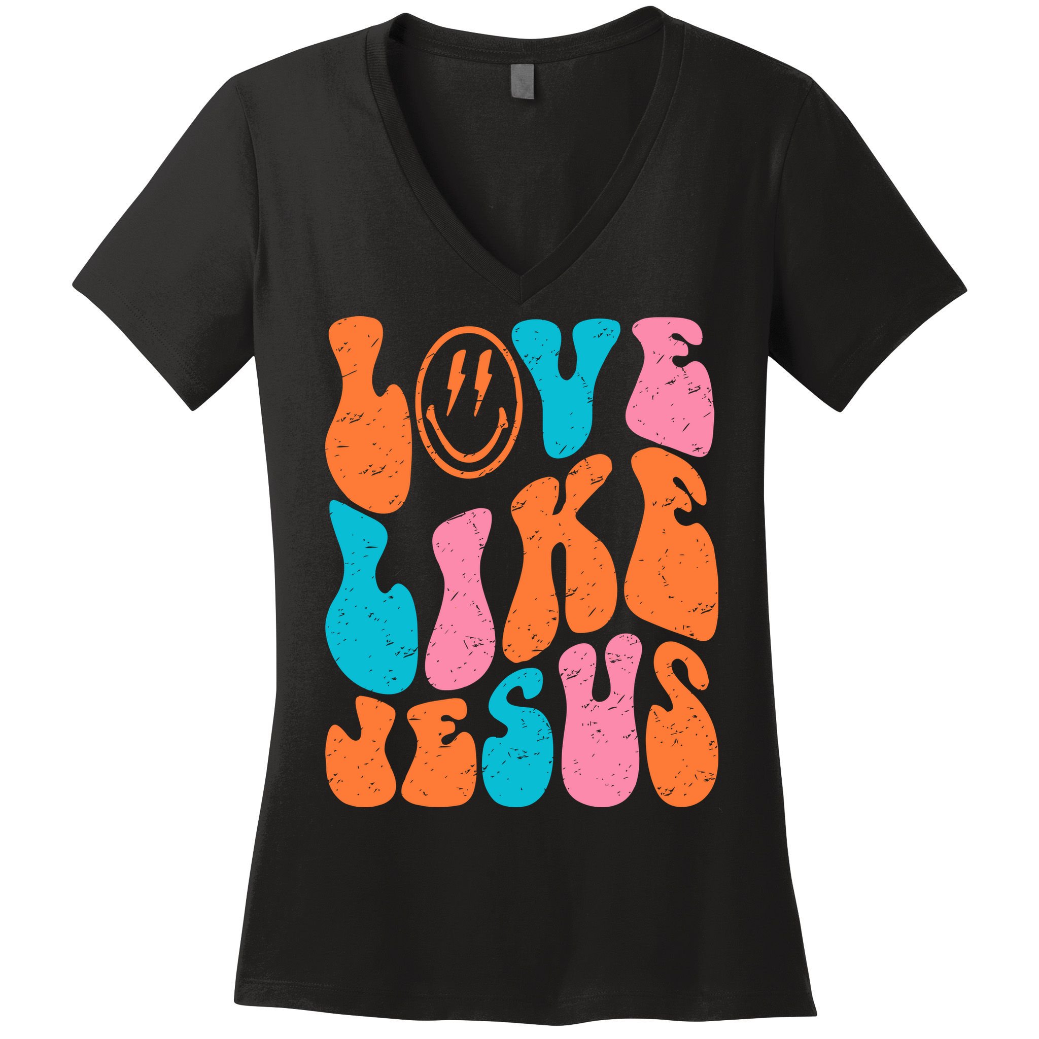 Retro Love Like Jesus Smiling Face Christian Religious Faith Women's V-Neck T-Shirt