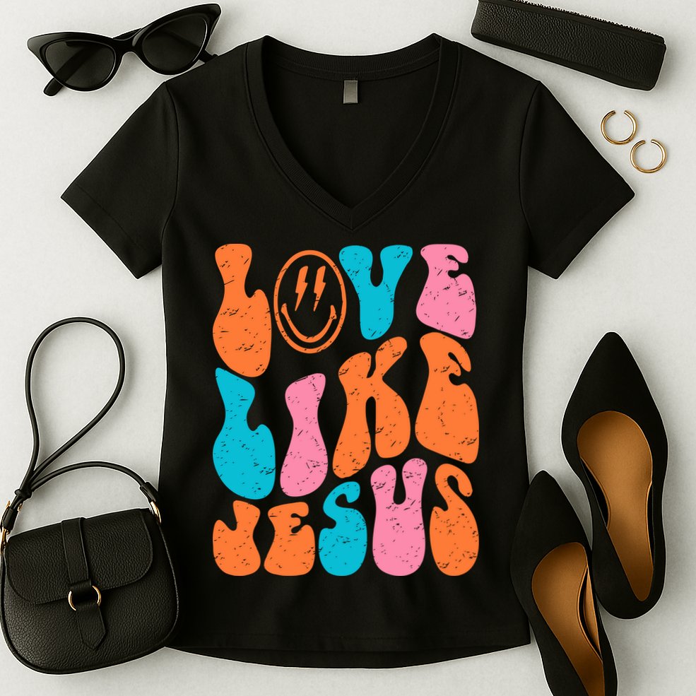 Retro Love Like Jesus Smiling Face Christian Religious Faith Women's V-Neck T-Shirt