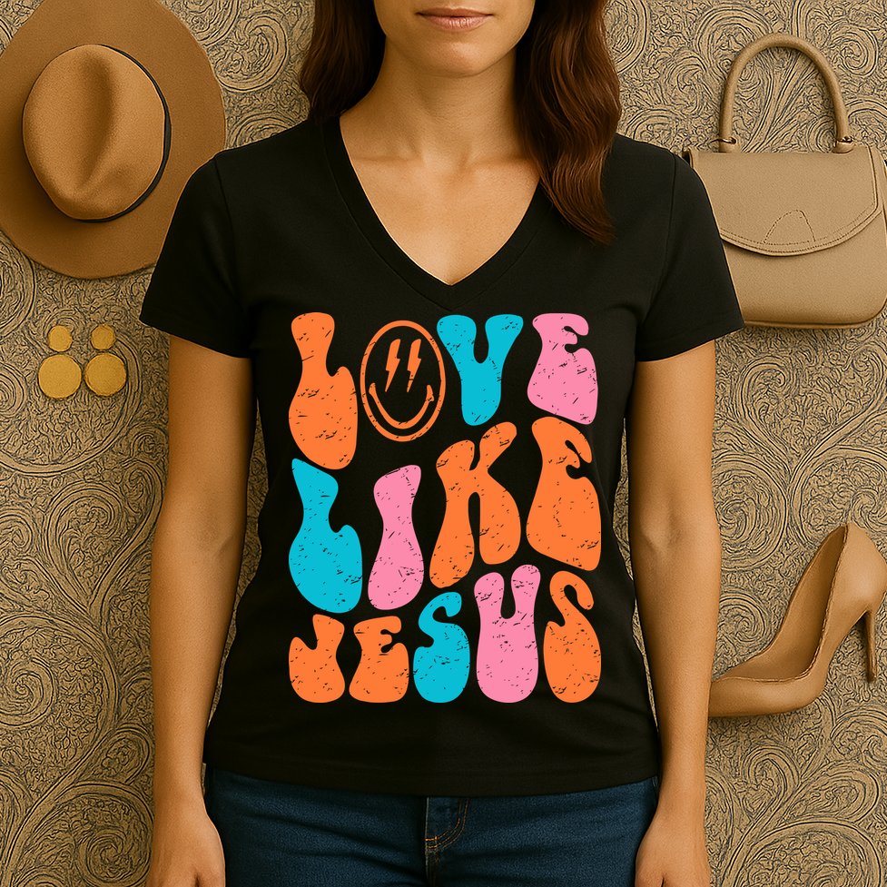 Retro Love Like Jesus Smiling Face Christian Religious Faith Women's V-Neck T-Shirt