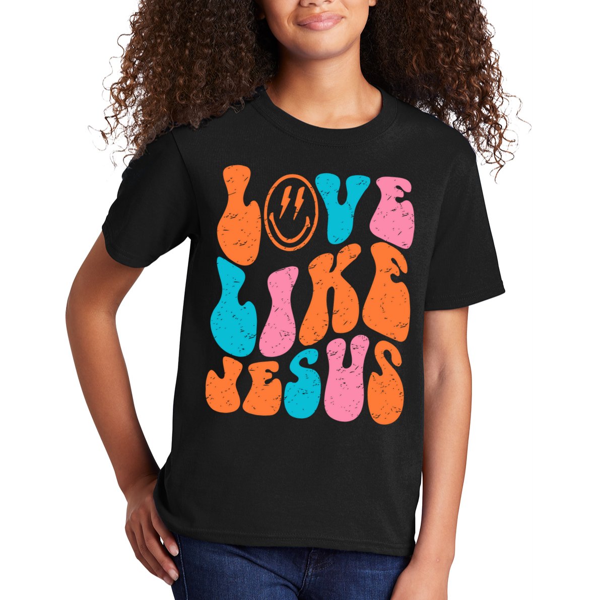 Retro Love Like Jesus Smiling Face Christian Religious Faith Kids T-Shirt