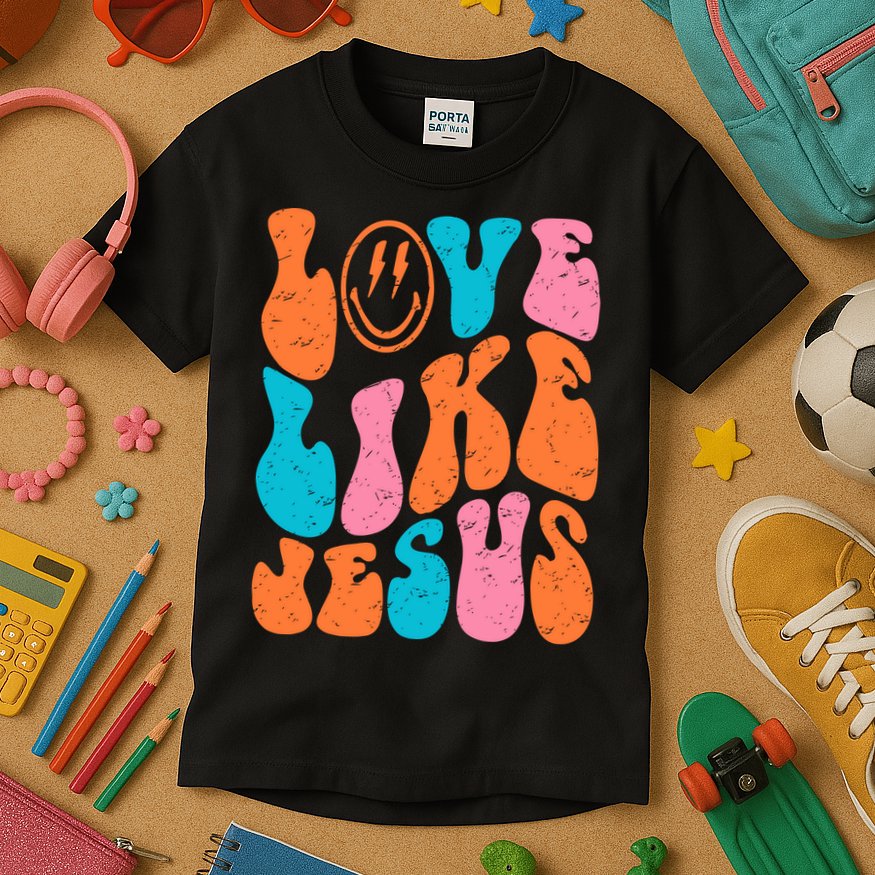 Retro Love Like Jesus Smiling Face Christian Religious Faith Kids T-Shirt