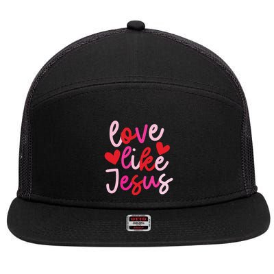 Retro Love Like Jesus Coquette Heart Bow 7 Panel Mesh Trucker Snapback Hat