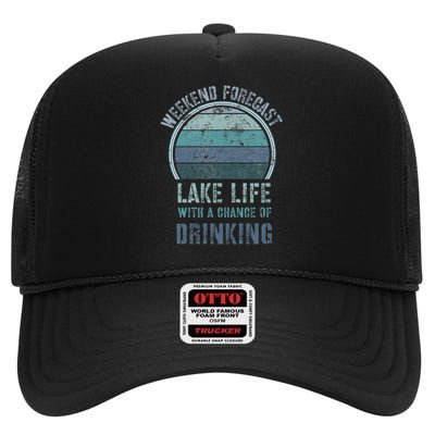 Retro Lake Life Apparel Lake Lover Weekend Forecast Drinking High Crown Mesh Back Trucker Hat