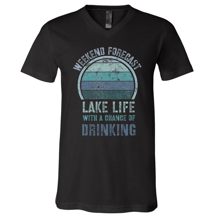 Retro Lake Life Apparel Lake Lover Weekend Forecast Drinking V-Neck T-Shirt