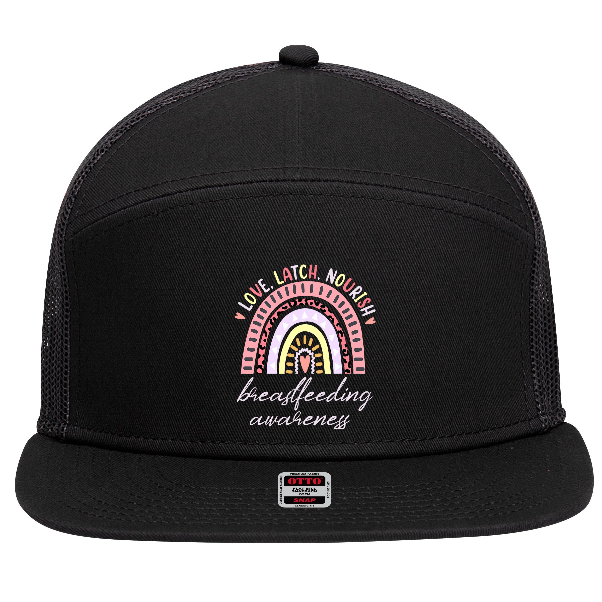 Rainbow Love Latch Nourish Breastfeeding Awareness Month 7 Panel Mesh Trucker Snapback Hat