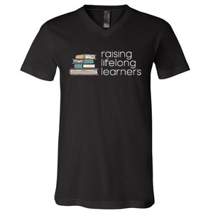 Raising Lifelong Learners Books Bookish Homeschool Mama V-Neck T-Shirt