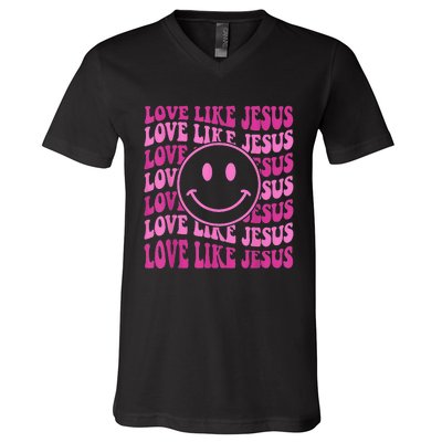 Retro Love Like Jesus Happy Face Aesthetic V-Neck T-Shirt