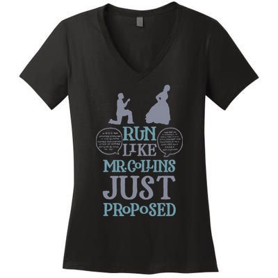 Run Like Mr. Collins Just Proposed Funny Books and Running Women's V-Neck T-Shirt