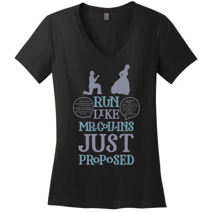 Run Like Mr. Collins Just Proposed Funny Books and Running Women's V-Neck T-Shirt