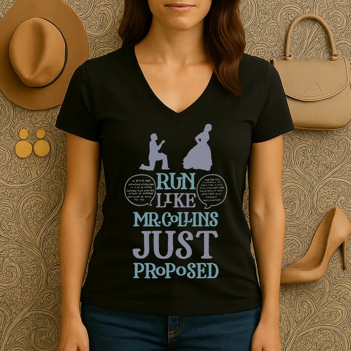 Run Like Mr. Collins Just Proposed Funny Books and Running Women's V-Neck T-Shirt