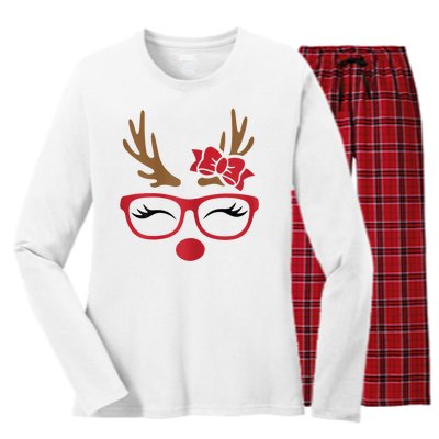 Reindeer Lady Messy Bun Women's Long Sleeve Flannel Pajama Set 