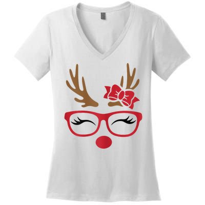 Reindeer Lady Messy Bun Women's V-Neck T-Shirt