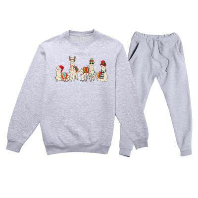 Retro Lama Merry Christmas Sweatshirt Llama Xmas Light Funny Alpaca Premium Crewneck Sweatsuit Set