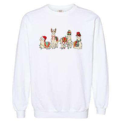 Retro Lama Merry Christmas Sweatshirt Llama Xmas Light Funny Alpaca Garment-Dyed Sweatshirt