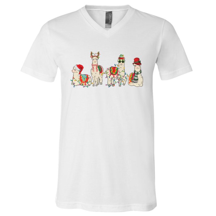 Retro Lama Merry Christmas Sweatshirt Llama Xmas Light Funny Alpaca V-Neck T-Shirt