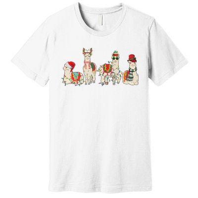 Retro Lama Merry Christmas Sweatshirt Llama Xmas Light Funny Alpaca Premium T-Shirt