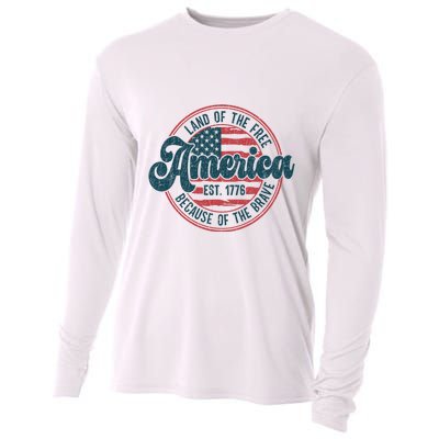 Retro Land Of The Free Because Of The Brave Cooling Performance Long Sleeve Crew