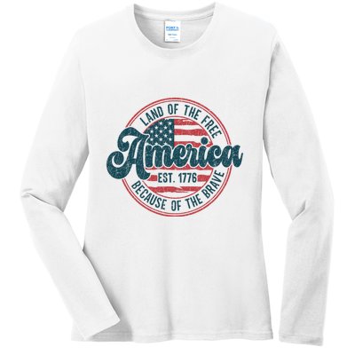 Retro Land Of The Free Because Of The Brave Ladies Long Sleeve Shirt