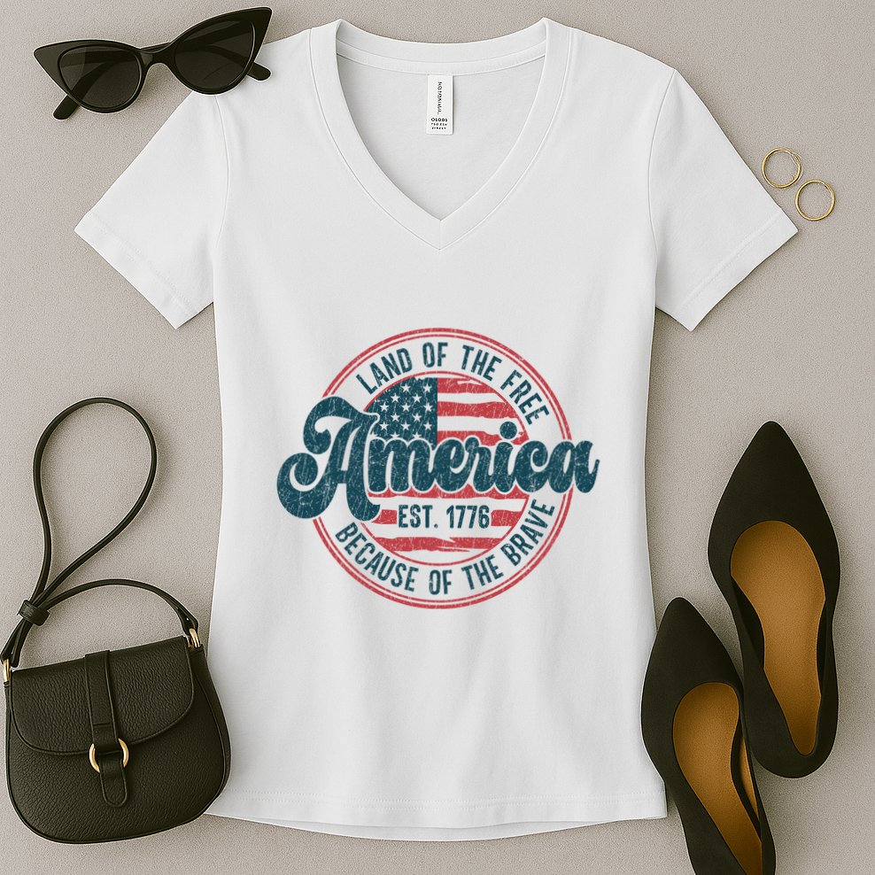 Retro Land Of The Free Because Of The Brave Women's V-Neck T-Shirt