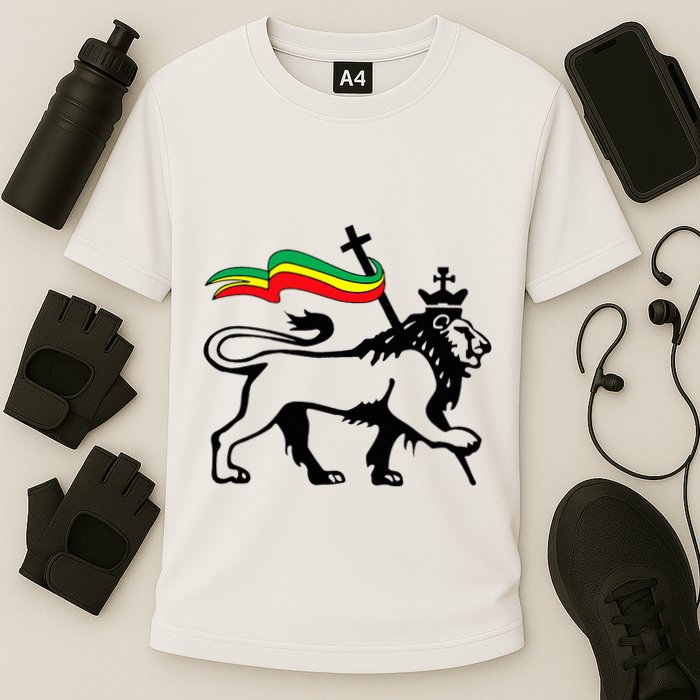Rasta Lion Of Judah Rastafarian Reggae Lion And Christian Cooling Performance Crew T-Shirt