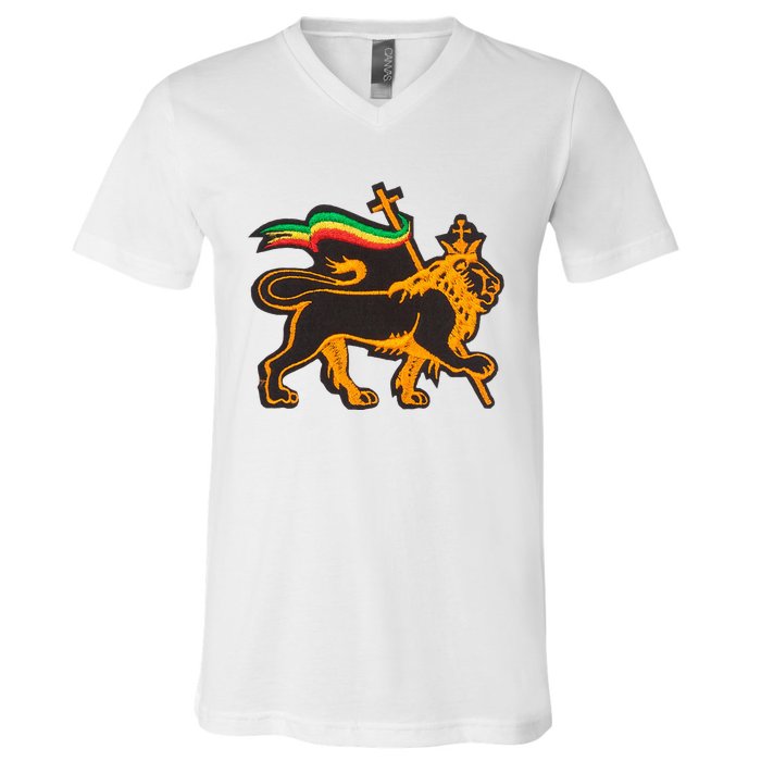 Rasta Lion Of Judah Pride Of Judaism Ethiopia And Christian V-Neck T-Shirt