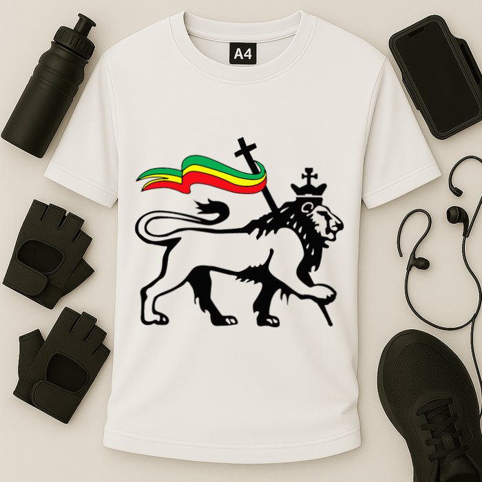 Rasta Lion Of Judah Rastafarian Reggae Lion And Christian Cooling Performance Crew T-Shirt