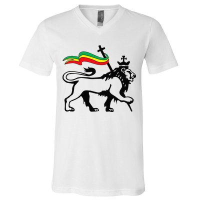 Rasta Lion Of Judah Rastafarian Reggae Lion And Christian V-Neck T-Shirt
