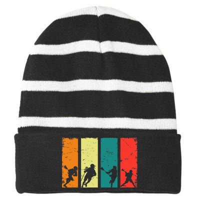 Retro Lacrosse Players Lax Stick Vintage Lacrosse Striped Beanie with Solid Band