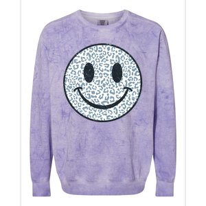 Retro Leopard Print Emoji Smiley Colorblast Crewneck Sweatshirt