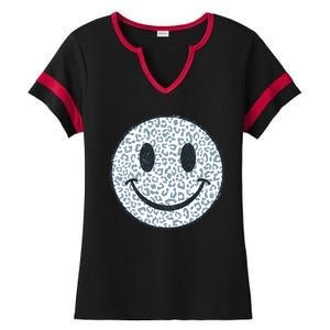 Retro Leopard Print Emoji Smiley Ladies Halftime Notch Neck Tee