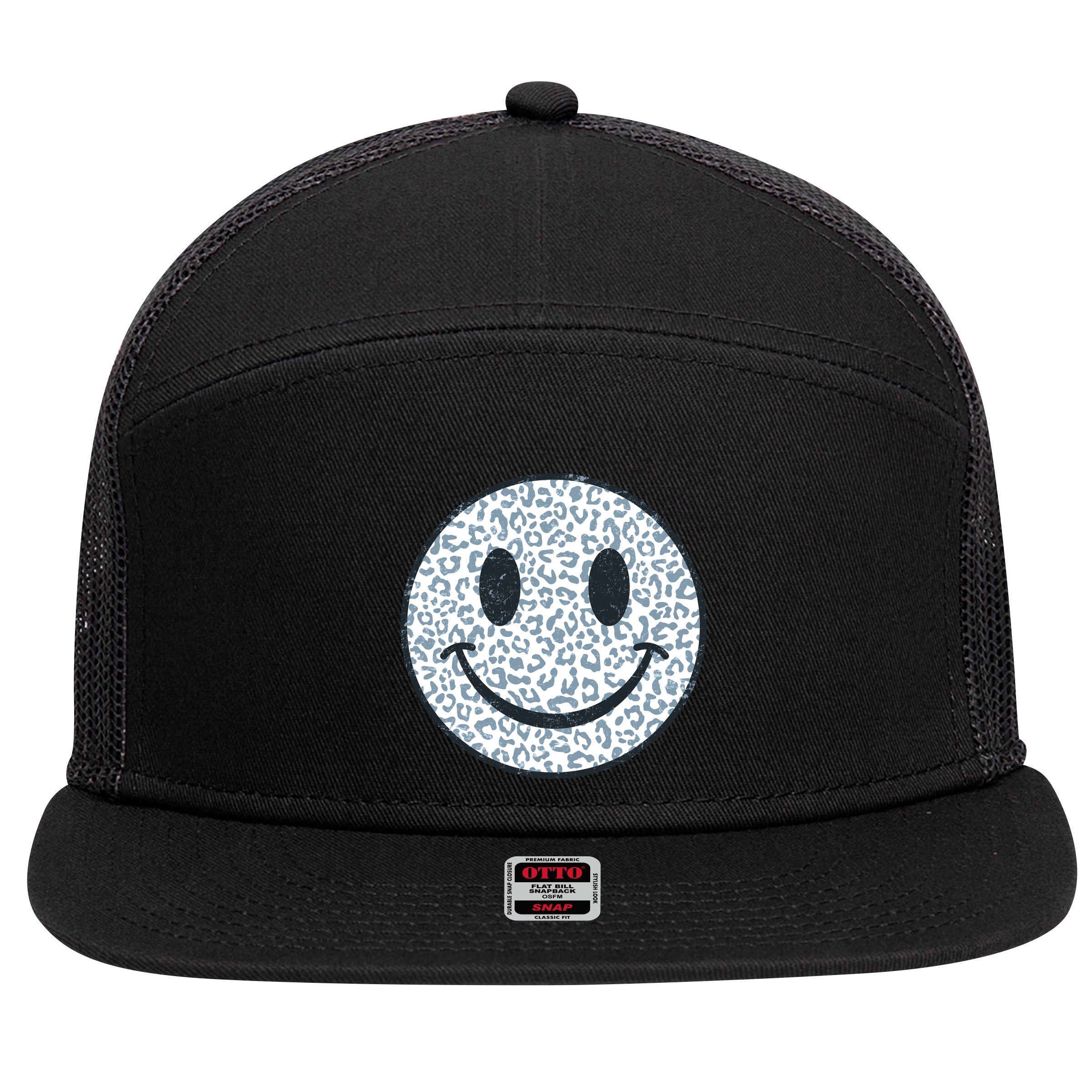 Retro Leopard Print Emoji Smiley 7 Panel Mesh Trucker Snapback Hat