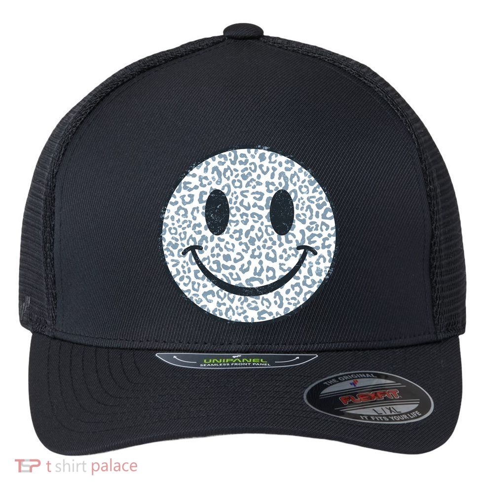 Retro Leopard Print Emoji Smiley Flexfit Unipanel Trucker Cap