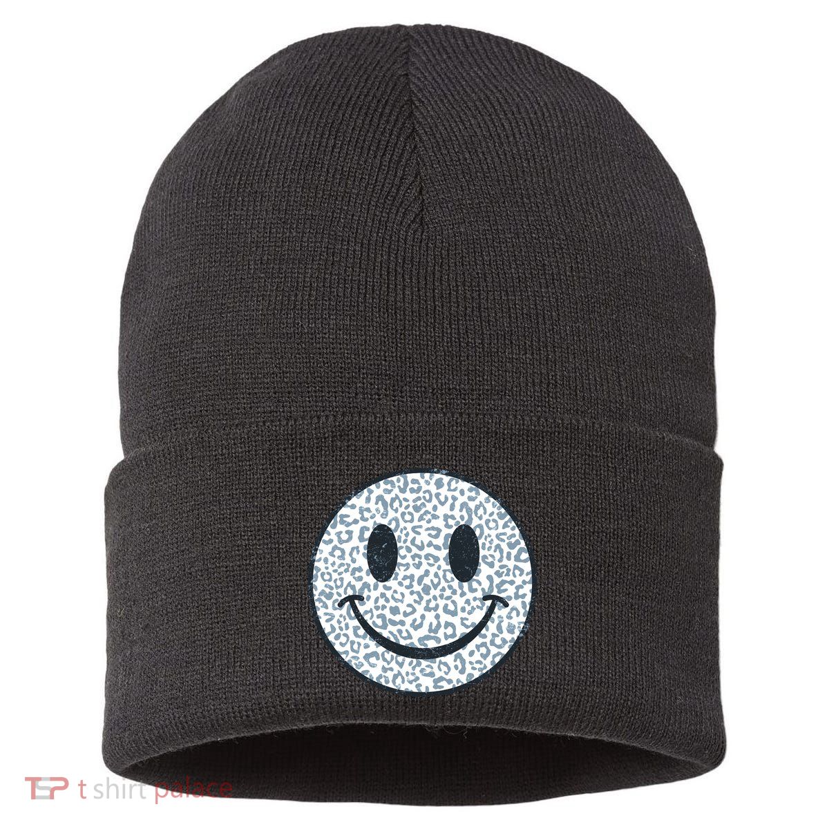 Retro Leopard Print Emoji Smiley Sustainable Knit Beanie