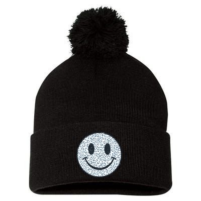 Retro Leopard Print Emoji Smiley Pom Pom 12in Knit Beanie