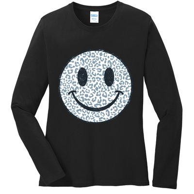 Retro Leopard Print Emoji Smiley Ladies Long Sleeve Shirt