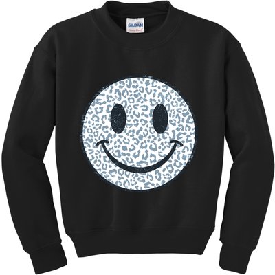 Retro Leopard Print Emoji Smiley Kids Sweatshirt
