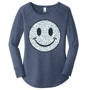 Retro Leopard Print Emoji Smiley Women's Perfect Tri Tunic Long Sleeve Shirt