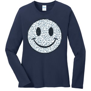 Retro Leopard Print Emoji Smiley Ladies Long Sleeve Shirt