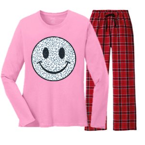 Retro Leopard Print Emoji Smiley Women's Long Sleeve Flannel Pajama Set 