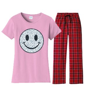 Retro Leopard Print Emoji Smiley Women's Flannel Pajama Set