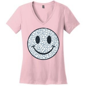 Retro Leopard Print Emoji Smiley Women's V-Neck T-Shirt