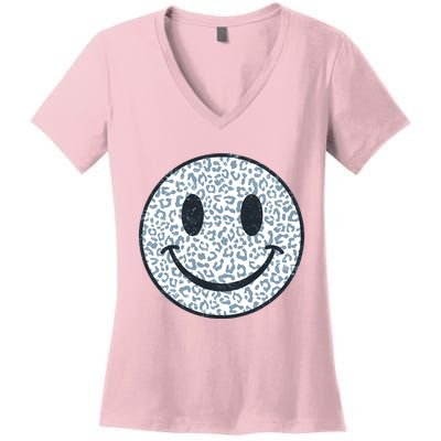 Retro Leopard Print Emoji Smiley Women's V-Neck T-Shirt