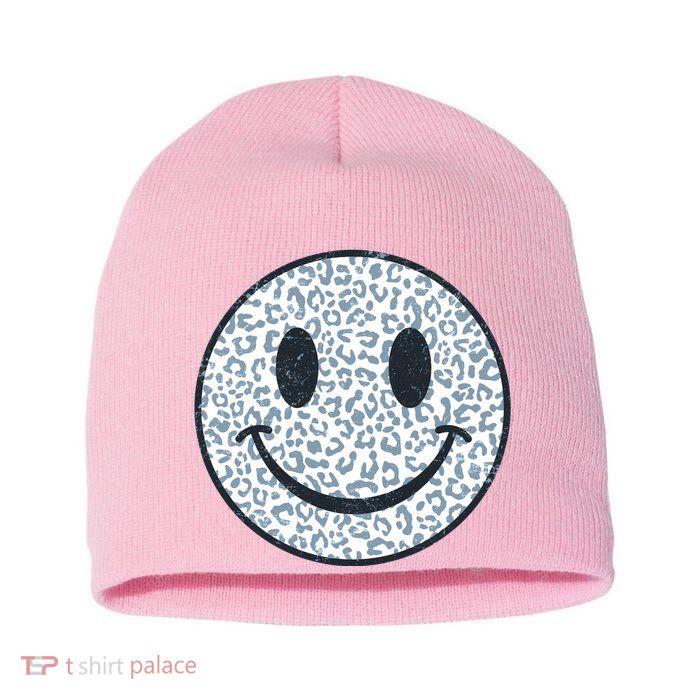 Retro Leopard Print Emoji Smiley Short Acrylic Beanie