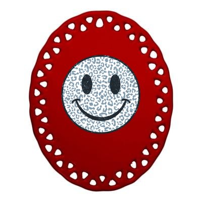 Retro Leopard Print Emoji Smiley Ceramic Oval Ornament