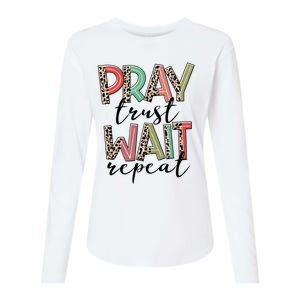 Retro Leopard Pray Wait Trust Repeat Christian Motivational Gift Womens Cotton Relaxed Long Sleeve T-Shirt